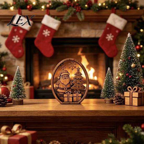 Handmade Wooden Holiday Signs 3Pcs Christmas Santa Claus And Tree Ornaments, Oval Table Boxwood Ornaments Centerpiece, Solid Wood Desktop Ornament for