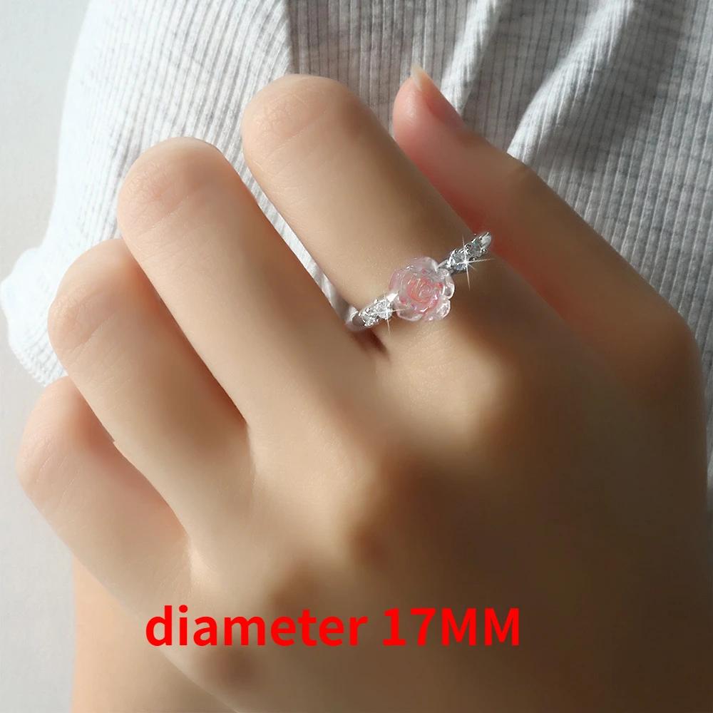 PONYKISS 925 Silver Pink Zircon Rose Flower Adjustable Rings for Women Cute Plant Fine Jewelry Minimalist Accessories