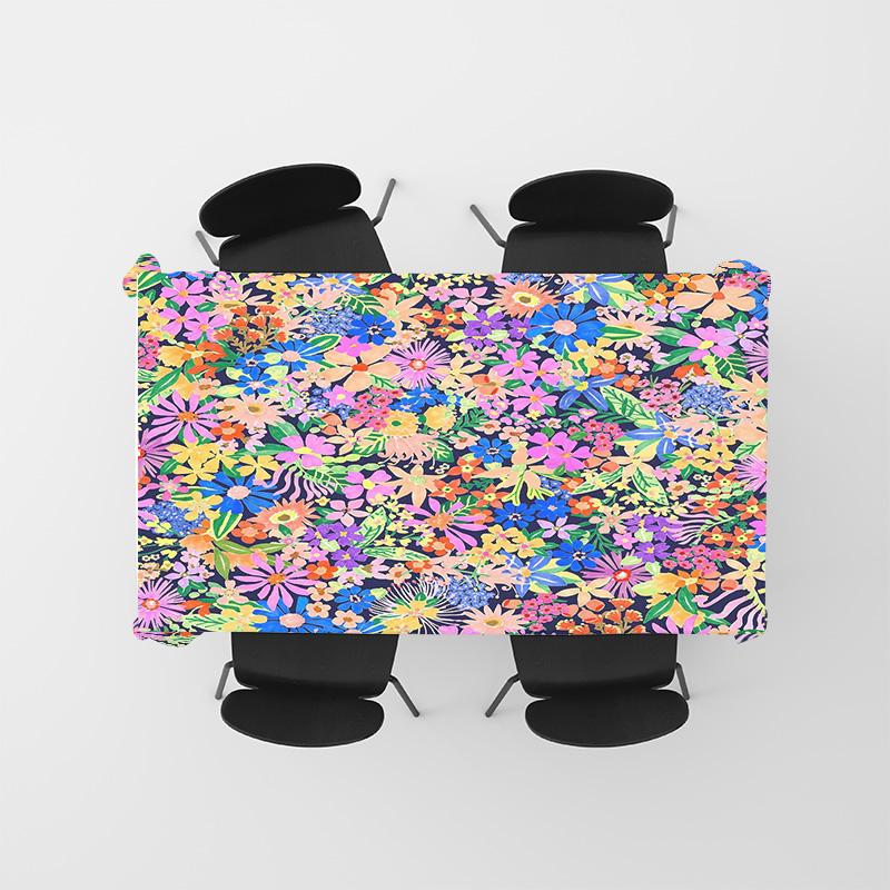 Bright Floral Tablecloth Multicolored Printed Linen Table Cover Decor for Kitchen Dining Room Party Decoration (Wooden Table Set