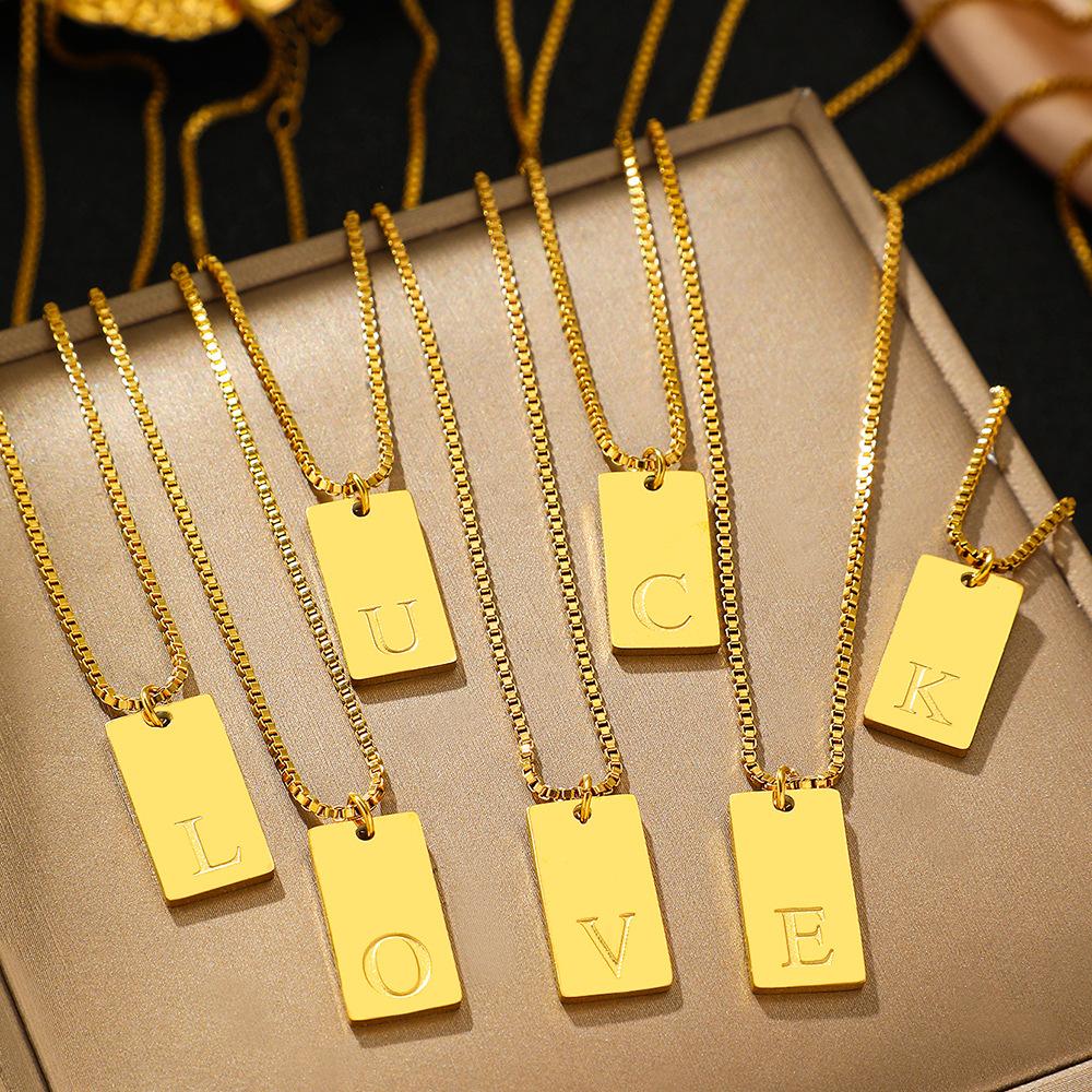 Mini Letter Label Pendant Necklace Women Jewelry Plated Gold Stainless Steel Box Chain Square Tiny Initials Letter Necklace