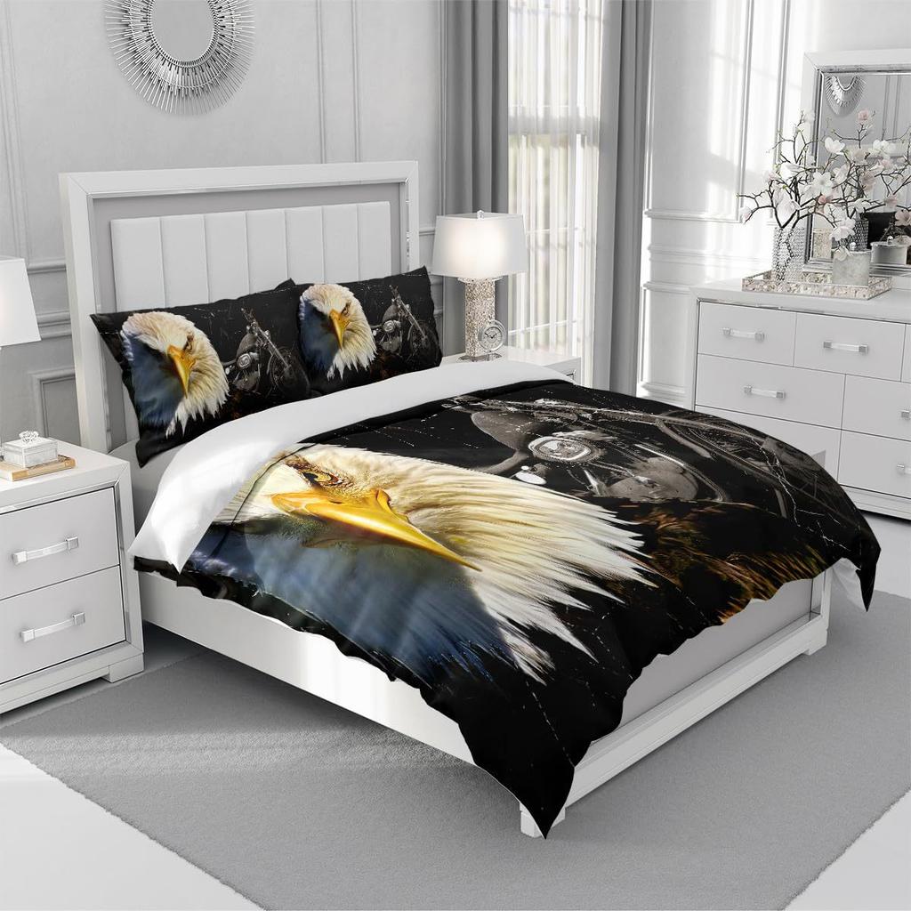 Motorcycle Eagle Printed Duvet Set Bedding Set With Pillowcase Quilt Cover Three-Piece Set