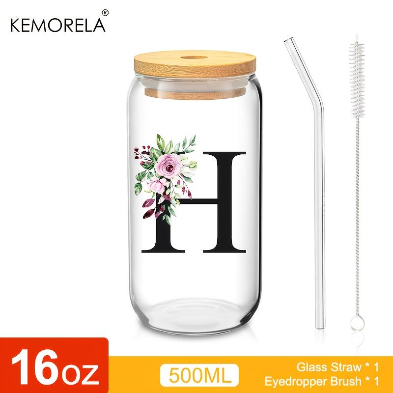 1 STÜCK 24 Buchstaben Glas Trinkbecher mit Bambusdeckel Strohhalm Individuelle Eiskaffeetasse 470ML Klares Mason Jar Bier Smoothie Cocktail