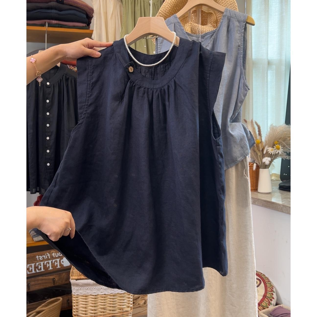 

Southeast Asian Women s Plus Size Flutter Sleeve Cotton Linen Summer Top M for below 95 jin темно-синий