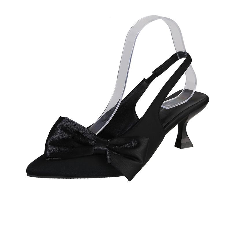 European and American Metal Foot High Heel Sandals for Women New Bow Decoration Pointed Toe Bag-toe Large-size High Heels