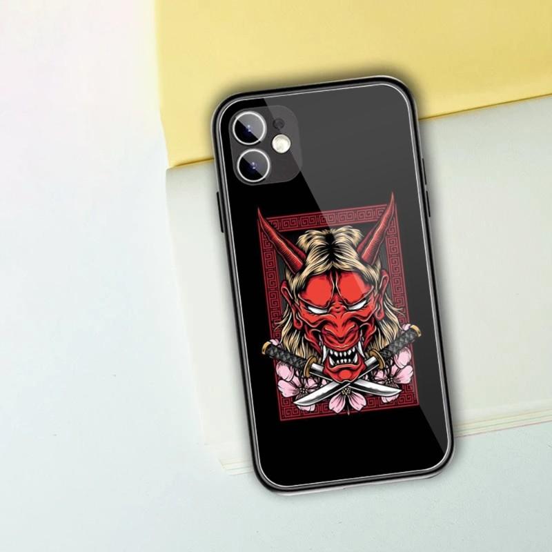 Samurai-Maske Handyhülle für iPhone 14 13 12 11 XS X 8 7 6 Plus Mini Pro Max SE 2022 Schwarze PC TPU Glas Handyhülle
