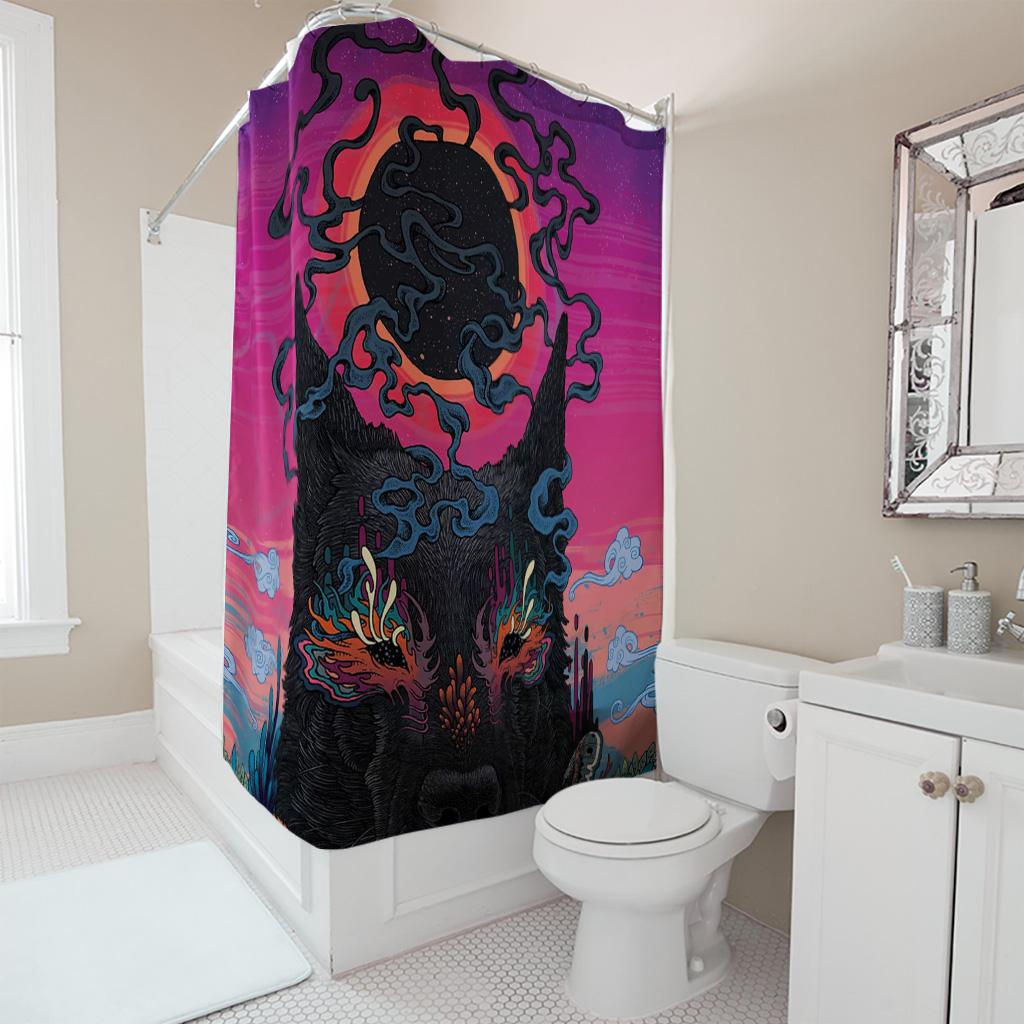 Psychedelic German Shepherd Shower Curtain, Surreal Dog Solar Eclipse Bathroom Decor, Fantasy Animal Art Fabric Bath Curtain