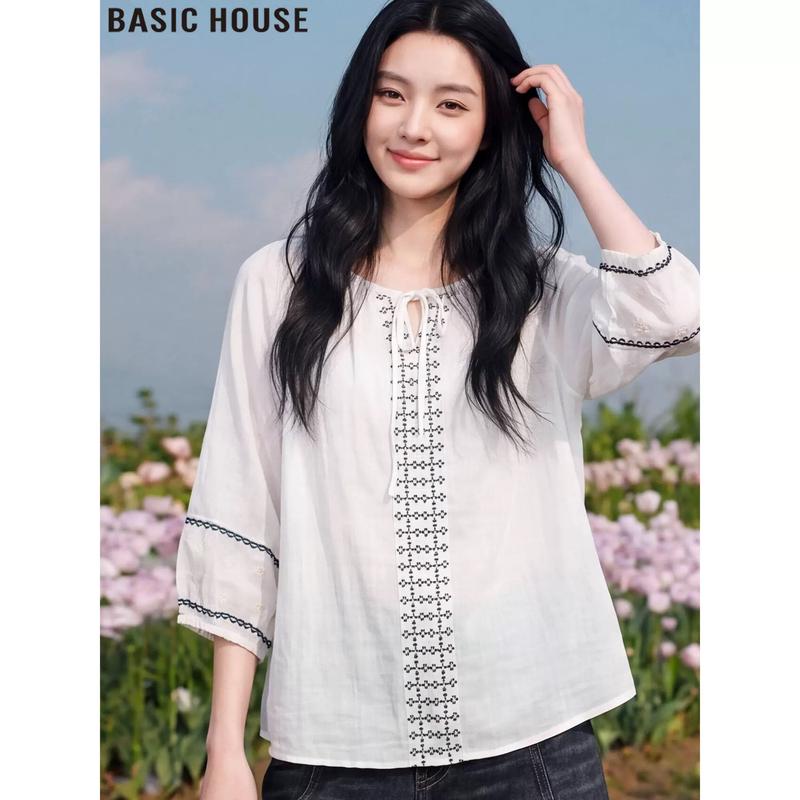 Basic House Women's Ramie 3/4 Sleeve Sun Protection Blouse