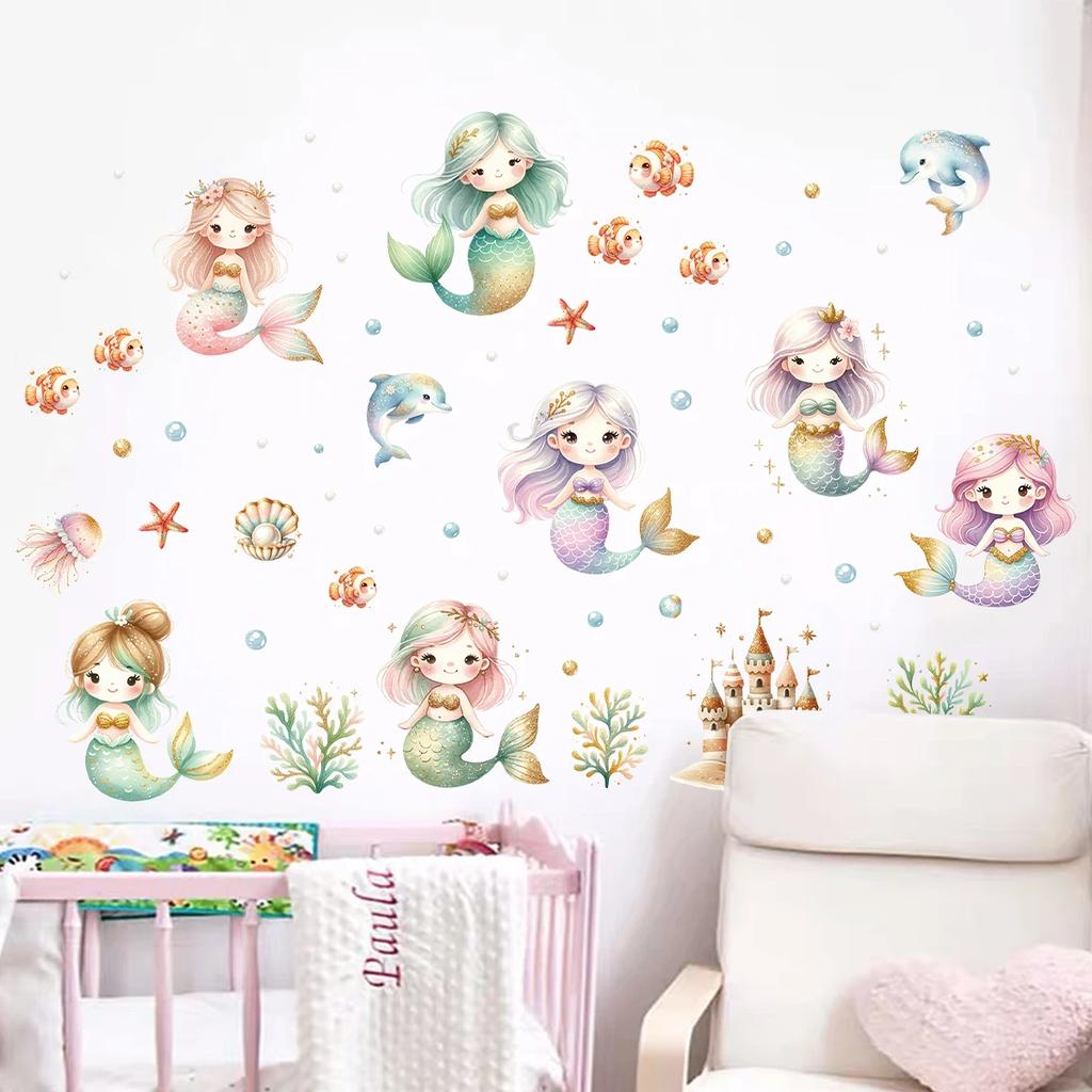 1Pc Cartoon Ocean Cute Mermaid Wall Stickers Furniture For Kids Room Bedroom Wall Art Home Decor Accessories Living Room Decals