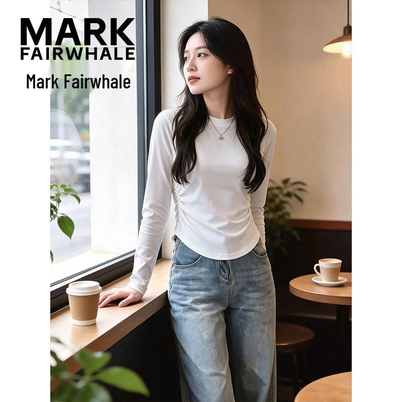 MARK FAIRWHALE Women's Ribbed Long Sleeve Round Neck T-shirt with Side Pleats