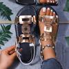 Fashion Women Sandals Comfortable with Metal Decoration Shoes for Women Flat Casual Beach Shoes New Round Headed Leather Ladies Sandals