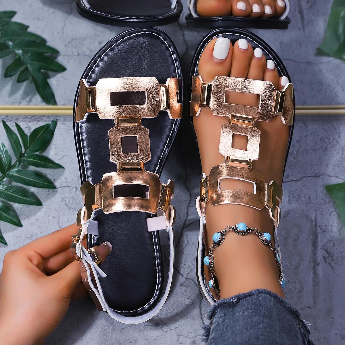 

Fashion Women Sandals 2025 New Flat Casual Beach Shoes Comfortable Metal Decoration Shoes for Women Round Headed Leather Ladies Sandals 43 шампанского
