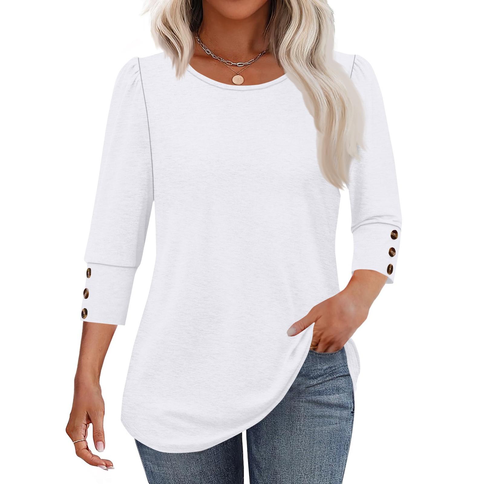 

Women s Fashion Casual Solid Color Round Neck Seven-quarter Sleeve T-shirt Top M білий