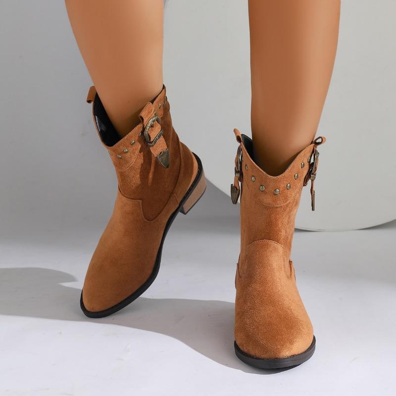 Fashion Simple Ankle Boots Fashionable All Round Toe Square Heel Retro Mid Calf Boots For Women High Heels Women'S Boots