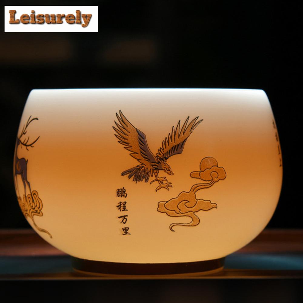 120ml Iced Sheep Fat Jade Porcelain Tea Cup Gold Pattern Master Cup Meditation Cup Puer Tea Bowl Portable Kung Fu Teaware Gifts