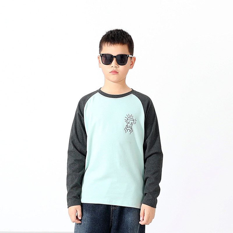 Spring and Autumn Kids Warm Long Sleeve T-shirt Children's Contrast Color Printed Thickening Bottoming Shirt Boys' Thin Velvet Clothes