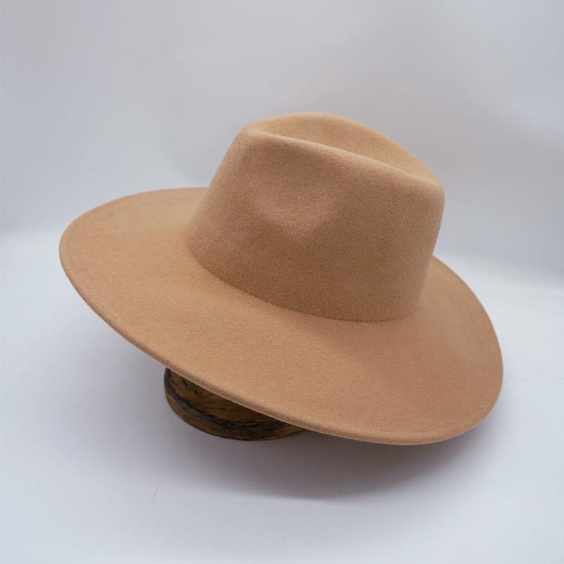Maillard Style Autumn And Winter Brown Camel British Retro European And American Wool Woolen Men'S And Women'S Big Brim Wide Brim Jazz Top Hat