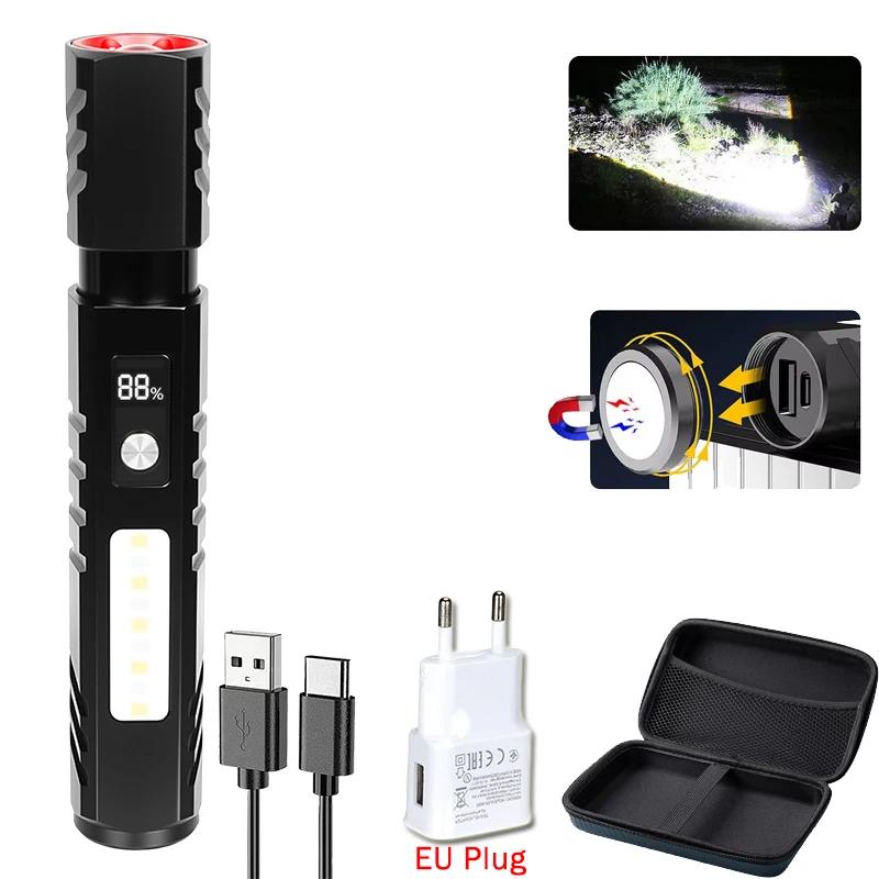 1500LM LED Flashlight 7 Modes Rechargeable COB Pocket Torch with Power Display Magnet Outdoor Waterproof Camping Zoom Lantern