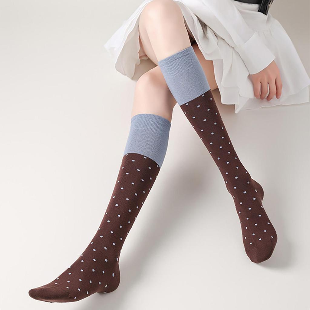 Chaussettes Longues en Coton Doux à Pois pour Femmes Color Block Chaussettes Mi-Mollet Douces Fille Coréenne Harajuku Collège Chaussettes Bouclettes