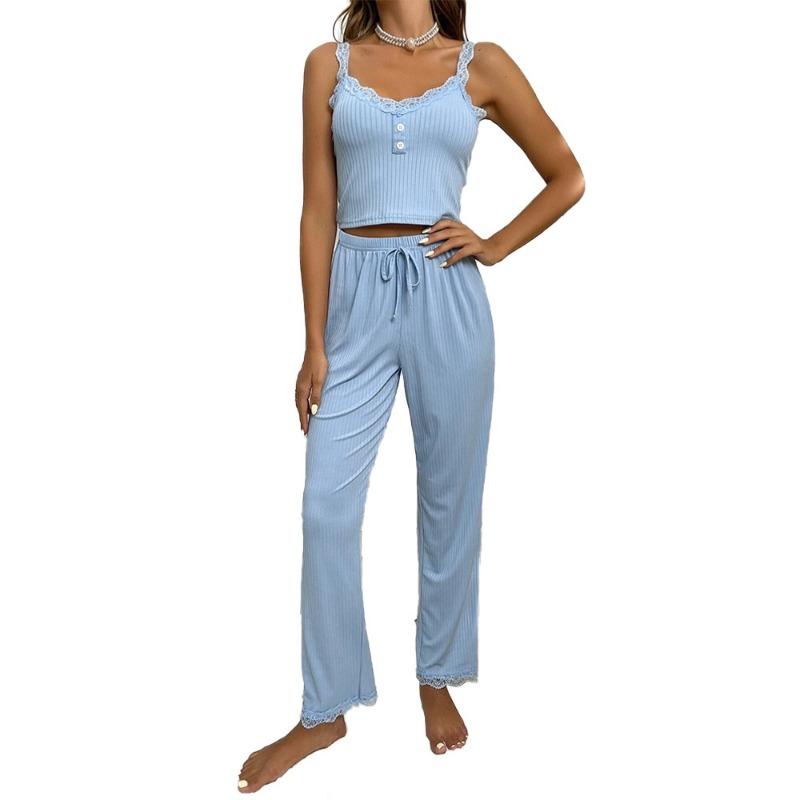 2-teiliges/Set Übergröße Damen Pyjama Studenten Homewear Spitze Camisole Weste Lange Hose Kurzarm Einfarbig Kann Draußen getragen werden