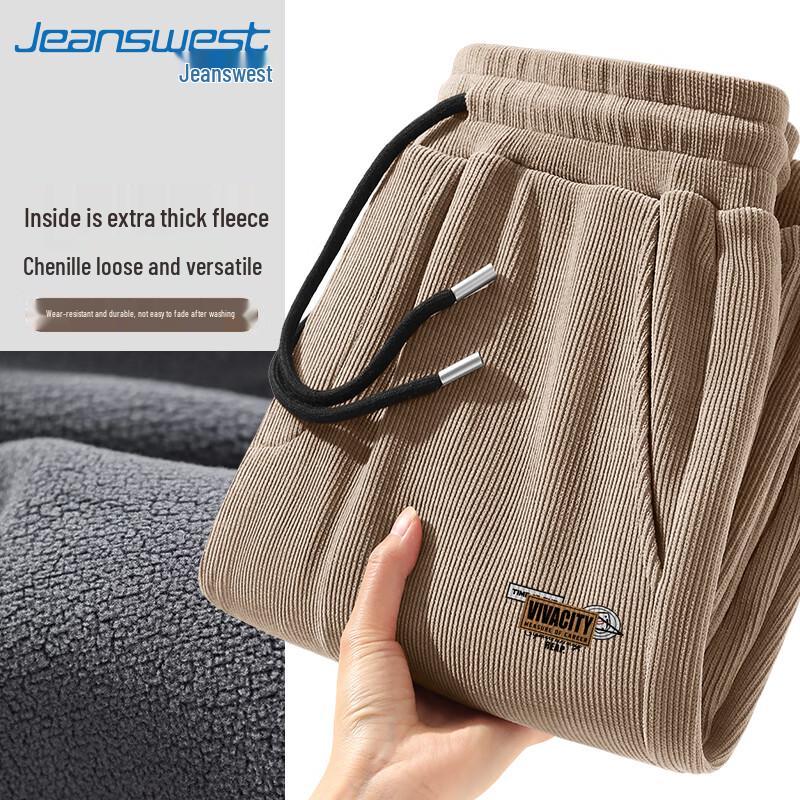 Jeanswest Men's Winter Fleece-Lined Chenille Straight-Leg Casual Pants