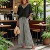 Summer Two Piece Outfit for Women Striped Short Sleeve V Neck Top And Wide Leg Pants Set with Pockets Casual Vacation Lounge Sets