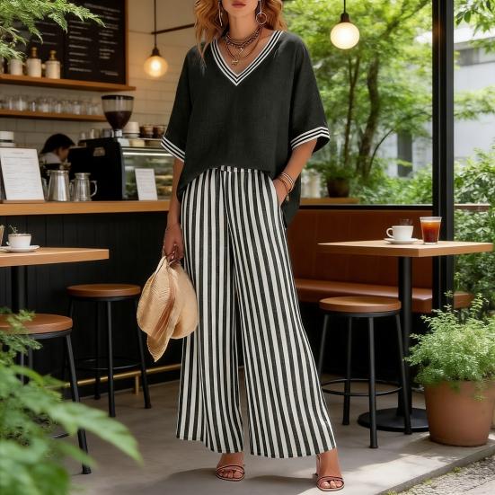 Summer Two Piece Outfit for Women Striped Short Sleeve V Neck Top And Wide Leg Pants Set with Pockets Casual Vacation Lounge Sets