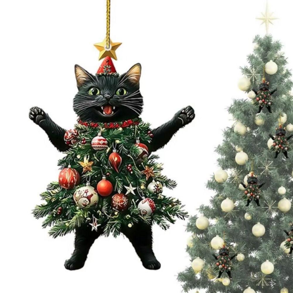 Weihnachts-Katzenanhänger 2D Katze Hängende Ornamente Kreative Weihnachtsbaumornamente Auto-Rückspiegel Rucksack Taschenanhänger Ornament