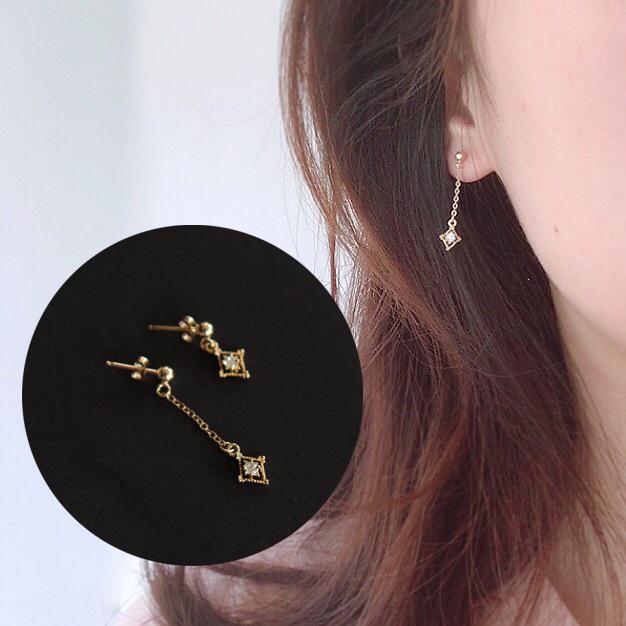 Xin Zhe Mei S925 Gold-Plated Sterling Silver Asymmetrical Rhombus Stud Earrings Asymmetrical Gold Pair (with Silver Earplugs)