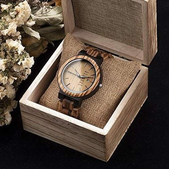 BOBO BIRD Mens Wooden Watch Analog Quartz Date Week Display Lightweight (Brown)
