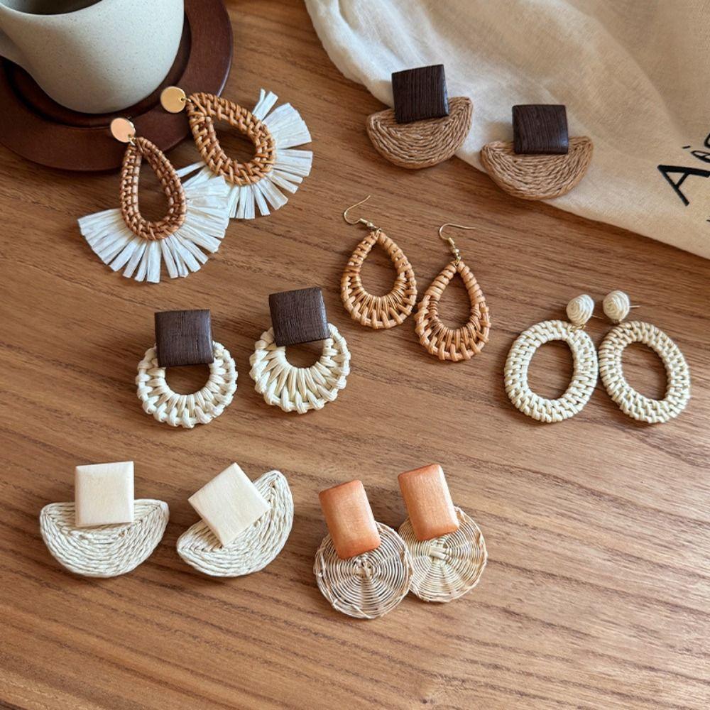 Holz Rattan Geflecht Ohrringe Blume Strand Schmuck Elegante Geometrische Ohrringe Party