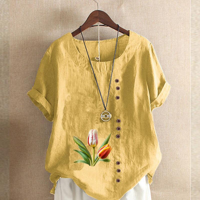 Women's Fashion Round Neck Short Sleeve T-shirt Casual Cotton Linen Graphic Shirt Leisure Loose Tulips Prined Summer Blouse Tops