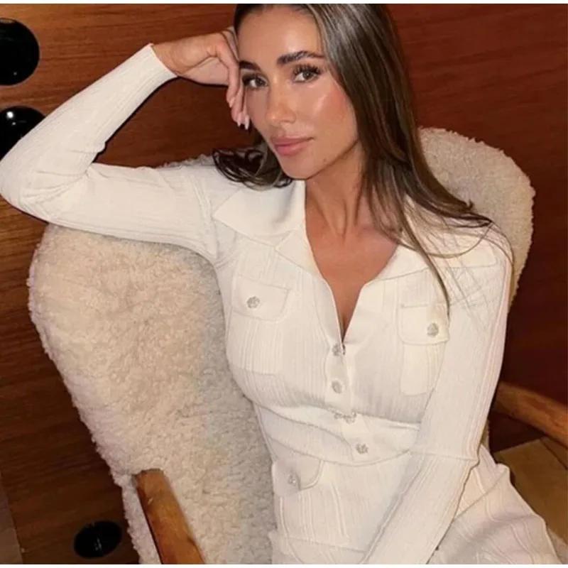 Knitted Elegant Party Dresses Woman Slim Lapel Button Pockets Long Dresses Office Lady Full Sleeve Ribbed Robes 2024 Autumn New