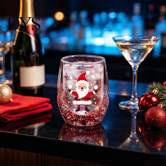Klarer Borosilikatglasbehälter Doppelwandiger Glasbecher, mit Dekorationen im Stil von Weihnachtsmann/kleinem Baum/Stapel/Tasche, Geschirr für Familientreffen Treibsand