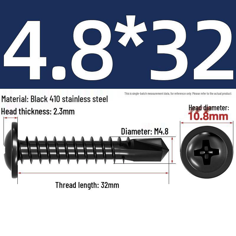 Black Phillips Flat Head Self-Tapping Screws with Washer, 410 Stainless Steel, 4.2M-4.8 Size.
