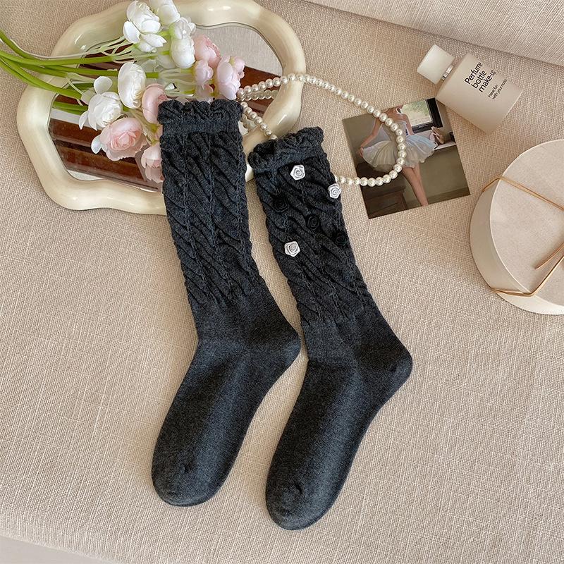 

Женские весенне-осенние милые стерео носки-гольфы с розочками, маленькие, тяжелая промышленность, бутон, пузырчатые, с отворотом 1 pair темно серый