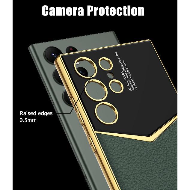 Leather Case for Samsung Galaxy S24 Ultra with Electroplated Frame, Vintage Luxury PU Non-Slip Grip Shockproof Full Body Protective Cover Phone Cases