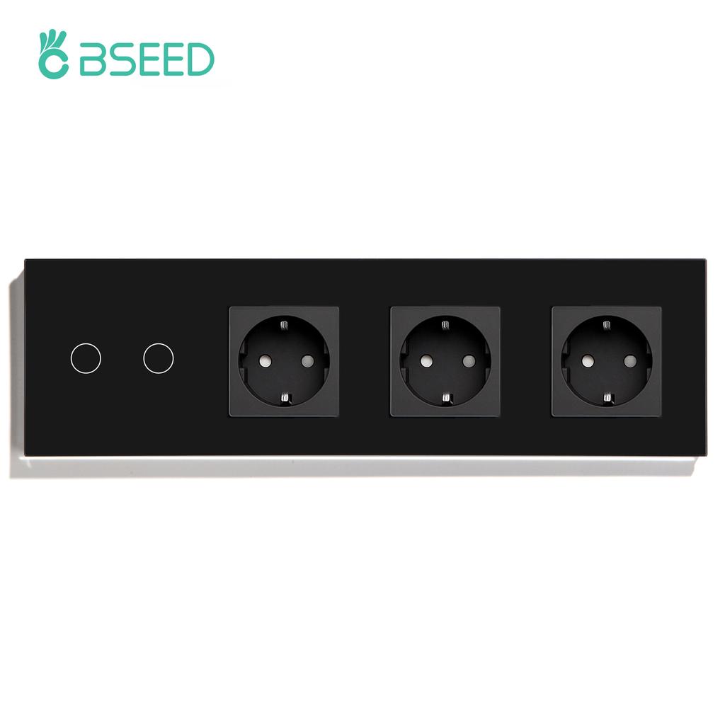 BSEED 1/2/3Gang Touch Switch 1Way Plus Triple Wall Sockets EU Standard Blue Backlight Glass Panel 299mm