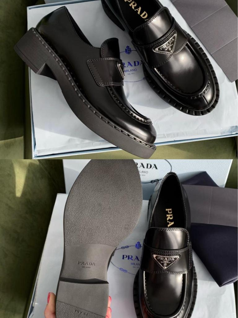 2025 Höst/Vinter Dam Äkta Läder Klackskor med Tjock Klack Vintage Skor med Triangel Logotyp