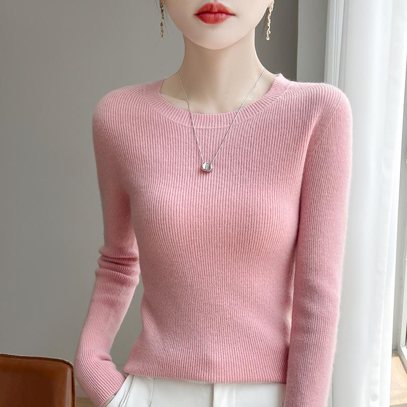 Solid Color Crew Neck Long Sleeve Slim Fit Casual Knit Sweater For Women