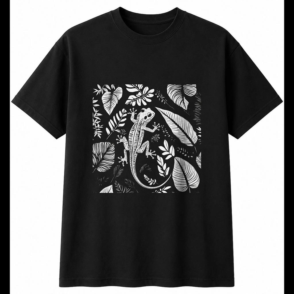 Botanical Gecko in Nature Reptile Mens T-Shirt Black 100% Cotton Exotic Printed