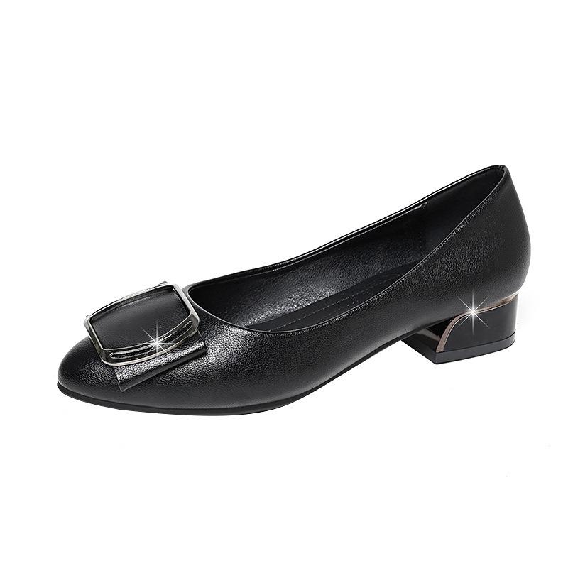 Retro fashion thick heel single shoes women's spring light mouth low heel soft sole versatile solid color leather shoes soft leather