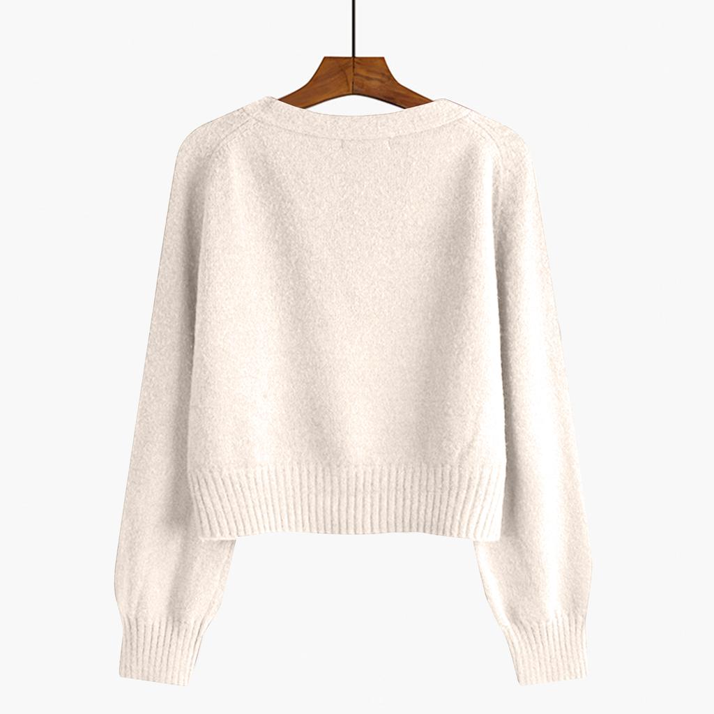 Dámský jednobarevný kardiganový svetr s výstřihem do V, krátký, volný, zapínací