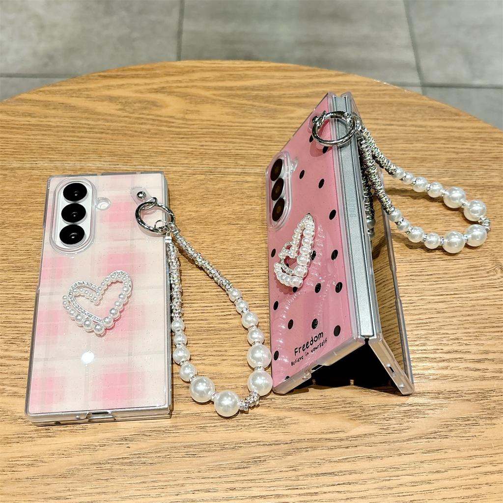 For Samsung Galaxy Z Fold7 5G Case Glitter DIY Heart Charm Phone Cover with Wrist Strap