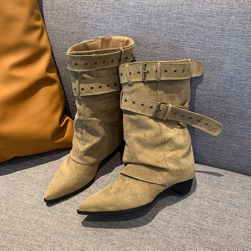 European and American sexy babes high-heeled short boots women's 2025 autumn and winter new belt buckle rivets square head wedge trouser tube boots