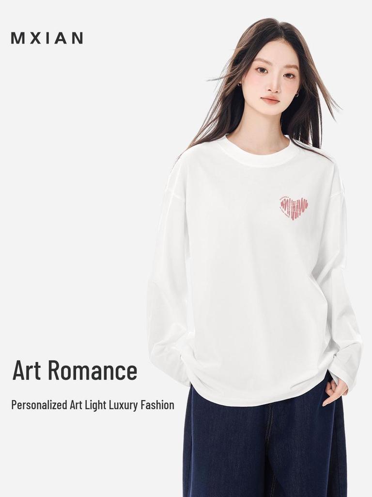 Women's 2025 American Style Pure Cotton Long-Sleeve T-Shirt: Loose Fit, Ideal for Autumn/Winter.