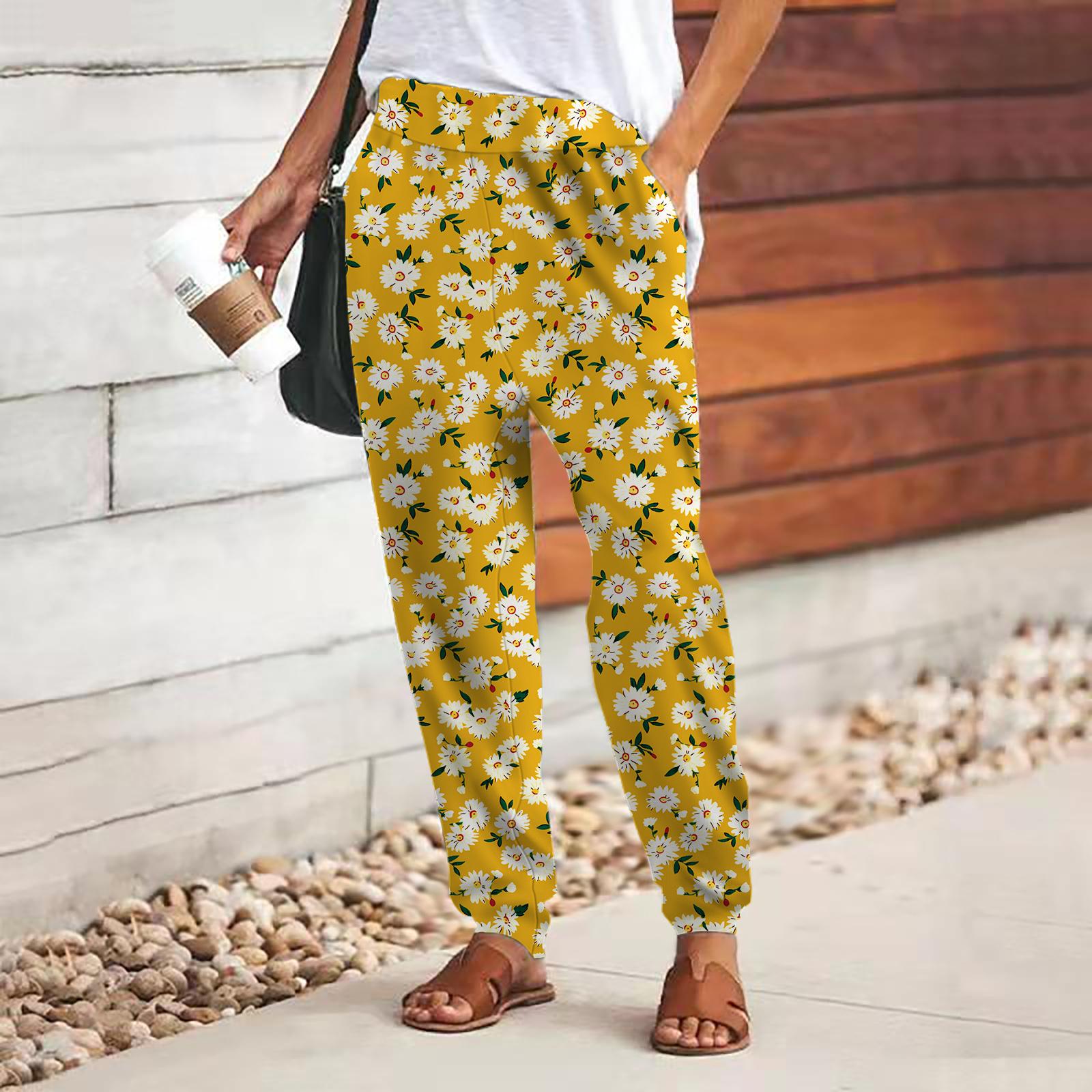 

Женские брюки с принтом розовых хризантем 3D, свободные брюки со шнуровкой и эластичным поясом, повседневные длинные брюки с карманами 8XL жёлтый
