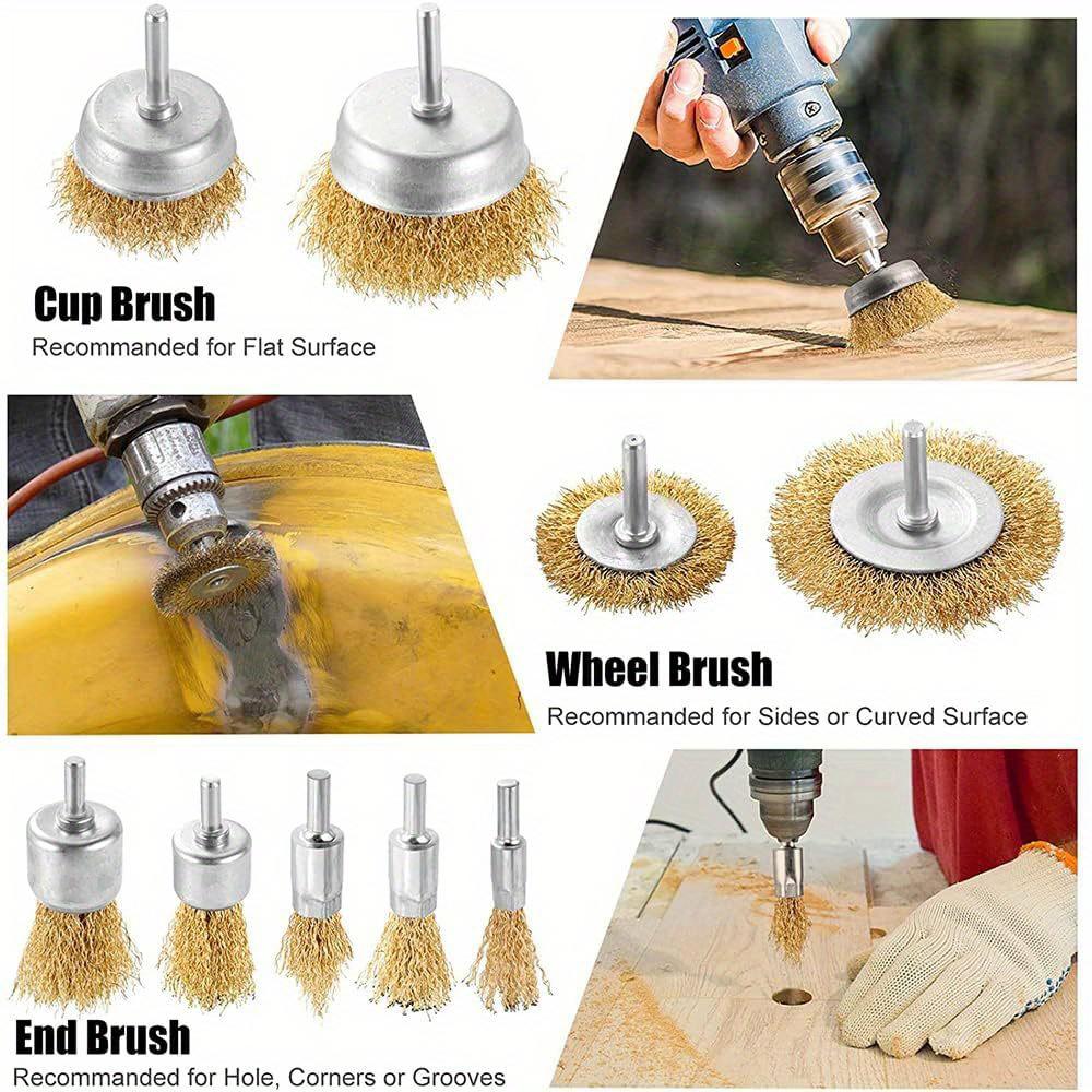 Set of 3 Wire Wheel Brushes for Drills, featuring coated brushes with a 1/4-inch shank, including cup and tube brushes designed