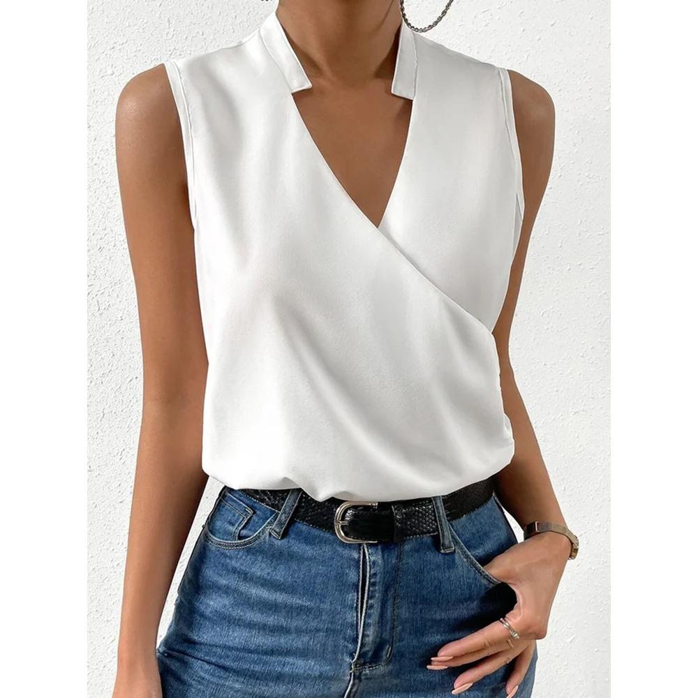 Summer Women's Chiffon Shirt Pullover V-neck Sleeveless Women's Top, Versatile Business Women's Shirt for Commuting