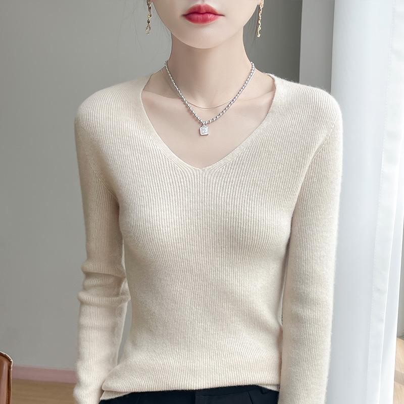 New Autumn and Winter Women's Pullover Sweater Long-sleeved Tight Slimming Knitted Sweater V-neck Slimming Base Layer