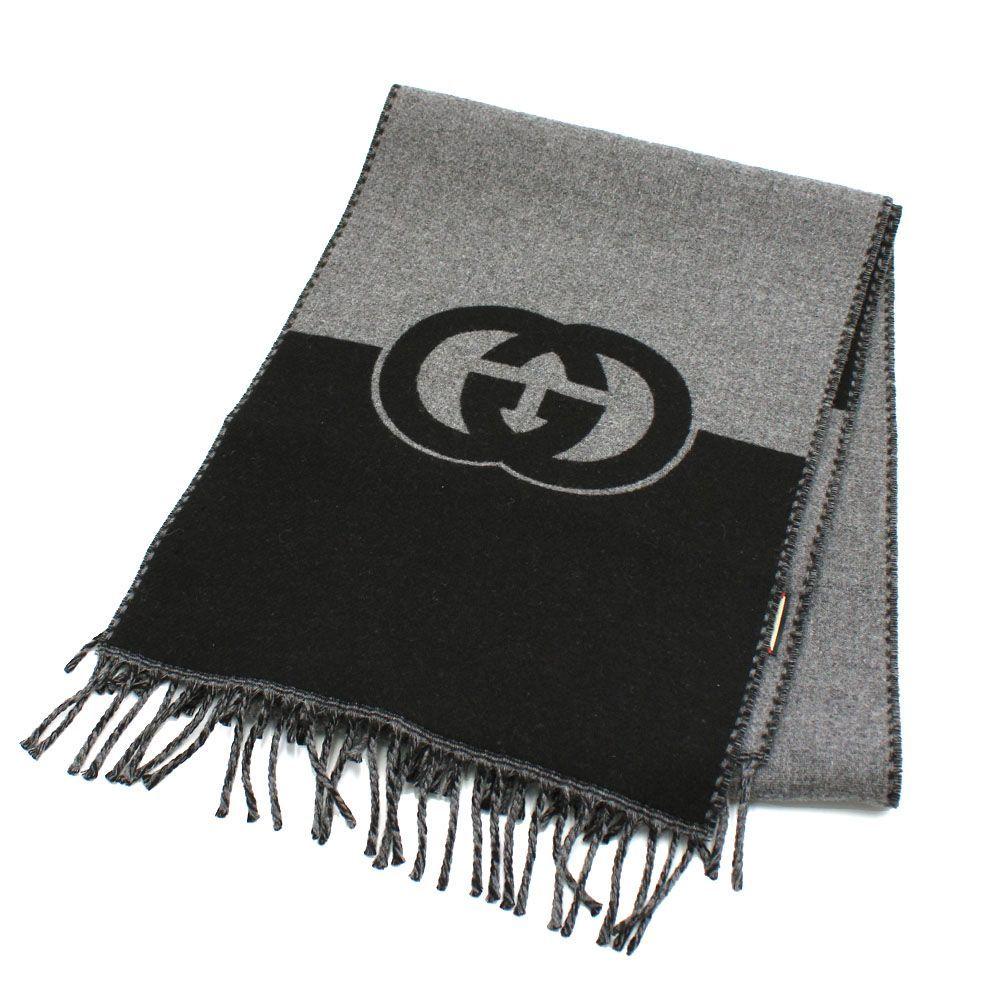Used Gucci 715497 4GAAA 1360 Stole Muffler Scarf Wool Cashmere Interlocking G Logo Fringe Men's Women's Black Light Gray